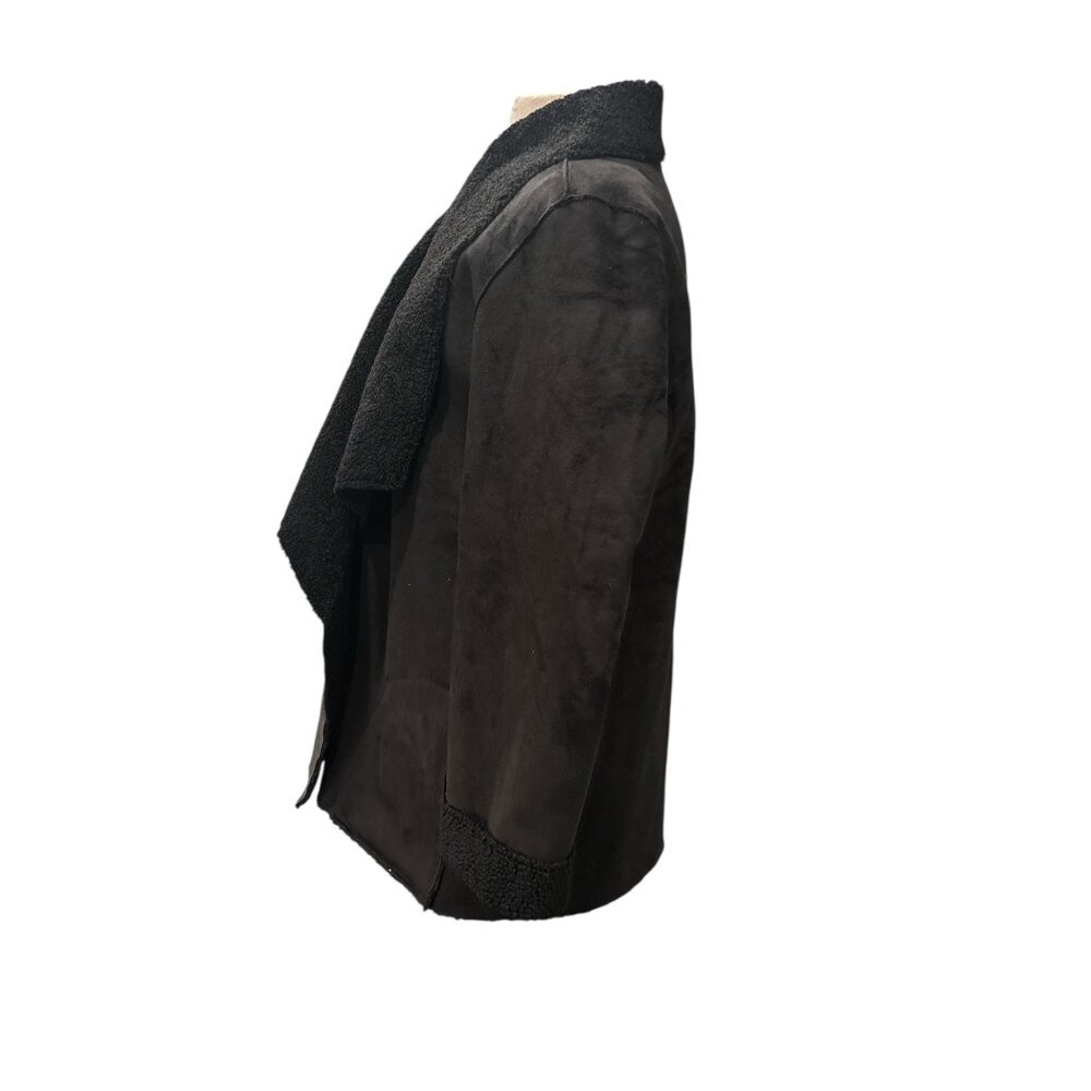 Cortefiel Black Faux Shearling Coat Women’s XL Open Front Cozy Minimalist Jacket - Picture 3 of 11